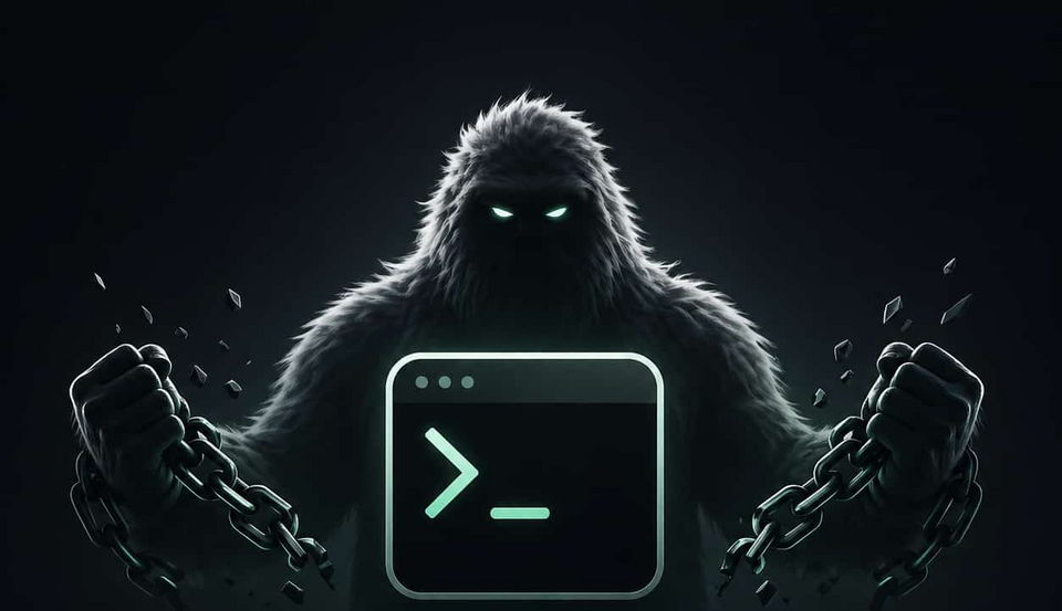 The Yetty yeti breaking its chains around a glowing terminal window